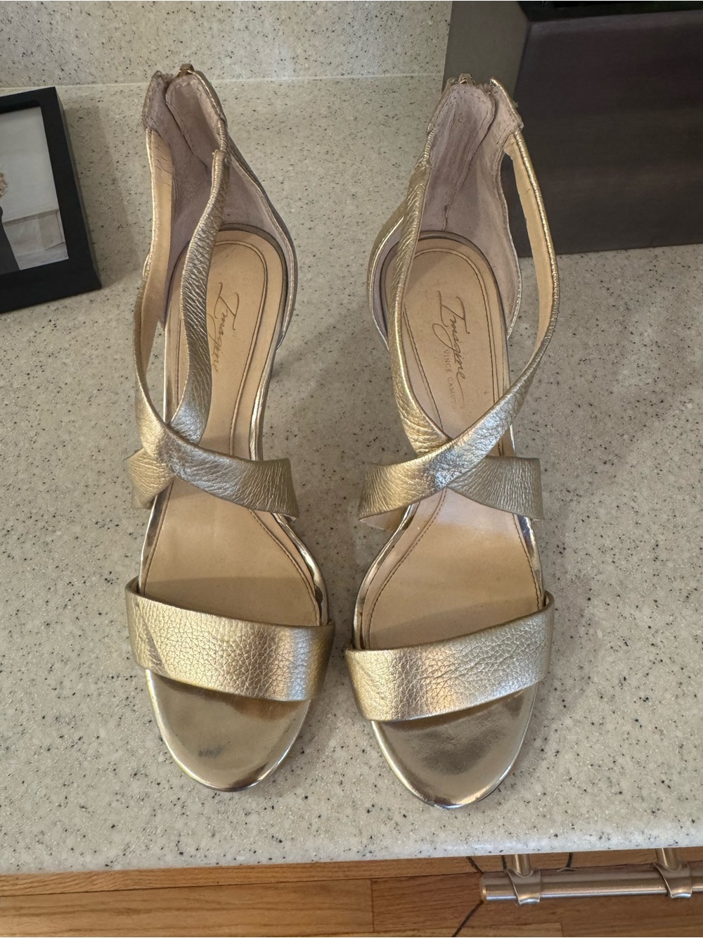 Imagine By Vince Camino  Metallic Gold Leather Strappy Heels
